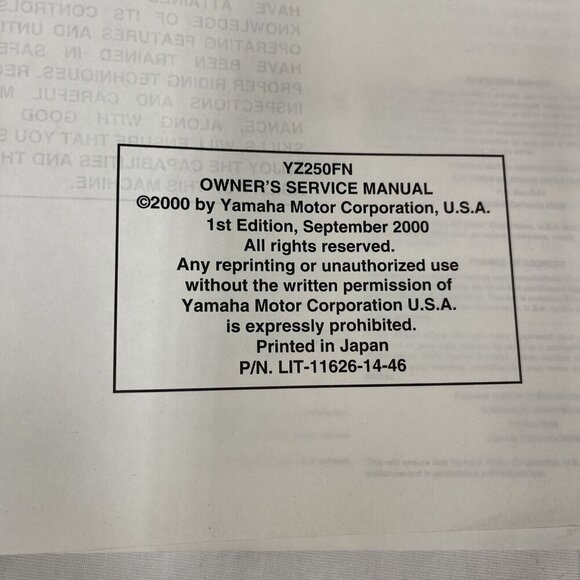 OEM 2001 Yamaha YZ250FN Genuine Owner's Service Manual LIT-11626-14-46 - Picture 10 of 11